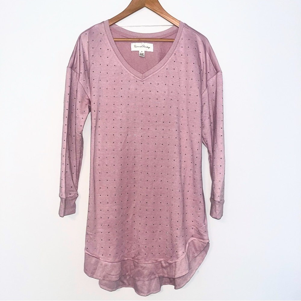 Rhinestone Embellished Pink V-Neck Sweatshirt Dress or Tunic